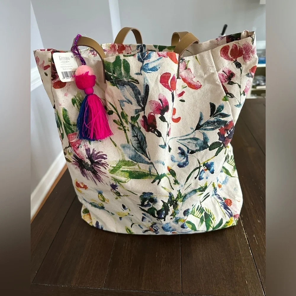 Eccolo Pom Pom floral tote bag